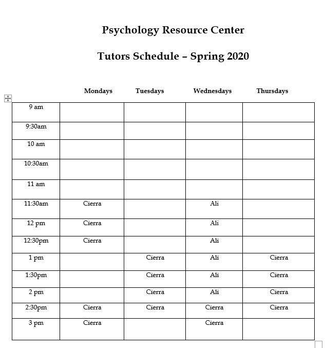 PRC tutoring schedule