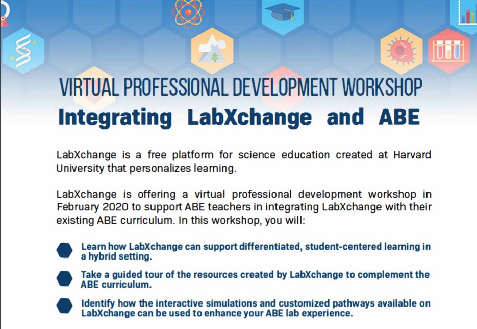 ABEProgOffice's tweet photo. Tomorrow at 10 am ET - Join @LabXchange the second of three virtual professional development sessions on integrating #LabXchange into your students' #BiotechExperience! Register now: https://t.co/wgGQ2yiCzm https://t.co/CZkx1UafTO