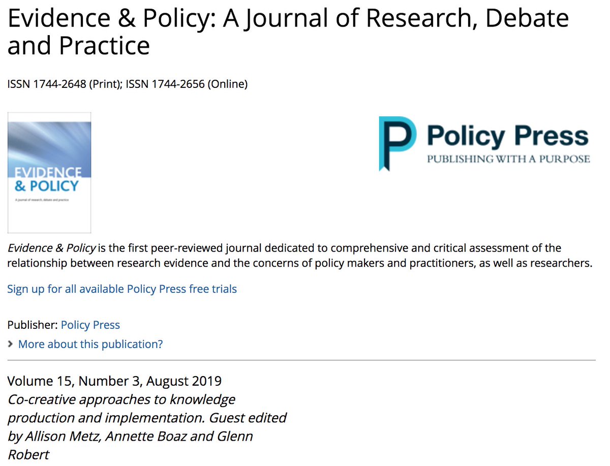 allisonjmetz's tweet image. I'm so proud to partner with @AnnetteBoaz on special collection of @EvidencePolicy with 4 of 5 most read articles of 2019! Relationships, engagement, and co-creation are critical for #impsci. Thank you @SESYNC @GabrieleBammer @LLocock @gbrgsy #transformURE tinyurl.com/wd9hyy5