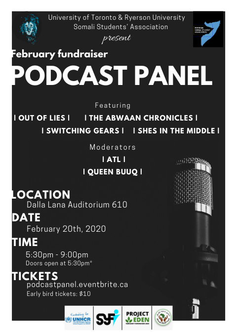 uoftsosa's tweet photo. For our #FebruaryFundraiser2020, we along with @SSARyerson are hosting a Podcast panel to raise funds for Project EDEN. We will be joined by @ShesintheMiddle , @OutOfLiesPod , @switchgearspod &amp; @AbwaanPodcast . Discussions will be moderated by @atlinater &amp; @QueenBuuq . Come out! https://t.co/S7dMzwZYHP