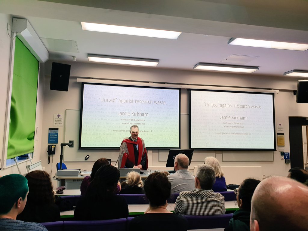 sjn_16's tweet image. Lovely afternoon in Manchester catching up with lots of familiar faces for the Inaugural Lecture of Jamie Kirkham, new prof @BiostatsUoMan 

Nice touch acknowledging colleagues past &amp;amp; present on his title slide and using football to demonstrate #selectivereporting and #spin