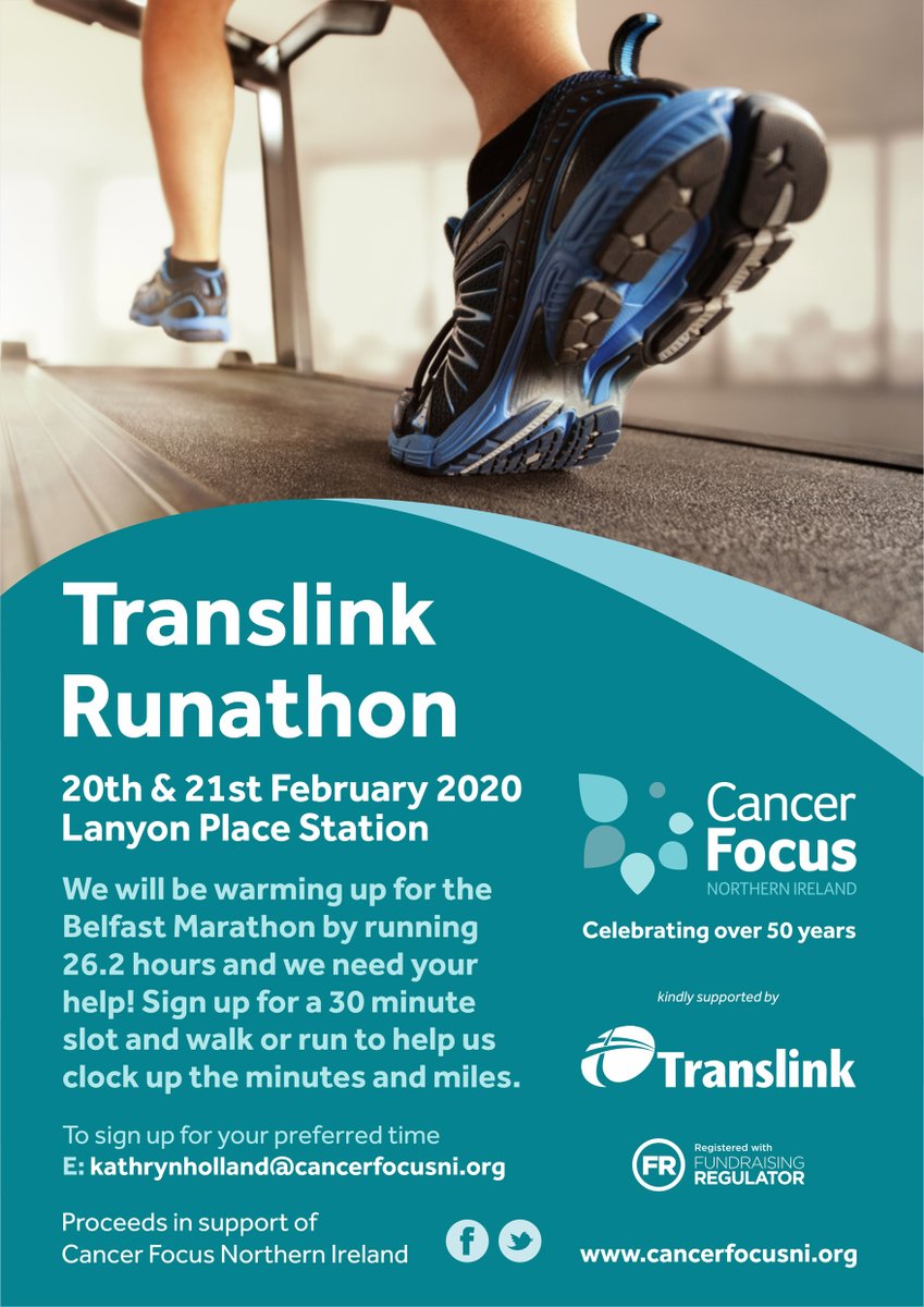 Translink_NI's tweet image. Our Charity partners @CancerFocusNI are hosting a runathon at Lanyon Place on the 20th &amp;amp; 21st February they're looking volunteers to take part so get signed up today, details can be found on the poster! You never know ^JC &amp;amp; I might sign up for it again this year!😉🏃‍♂️🏃‍♀️