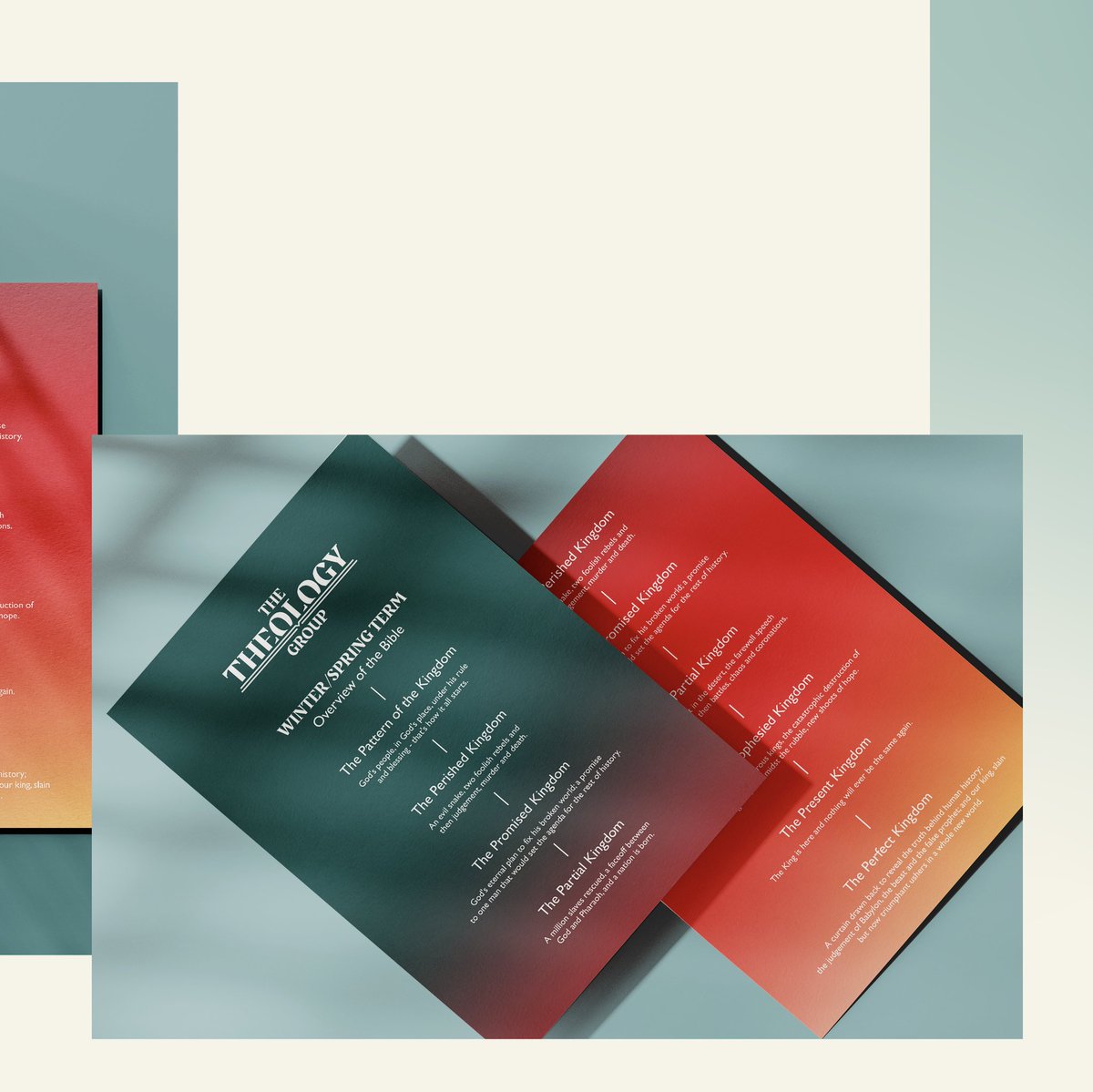 Branding and print for The Theology Group, a group for those who want to learn about God. Theology comes from the Bible which is why the book features prominently within the logo. #branding