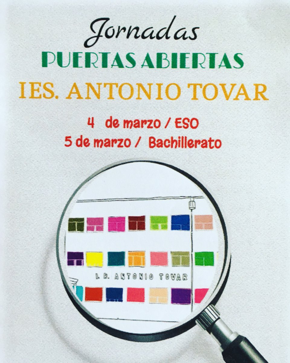 iestovar's tweet photo. 🏛 Puertas Abiertas 👩‍🏫👨‍🏫 

🚸 Miércoles 4 de marzo para 1 ESO:

🕰 16:30: Los Zumacales, Puente de Simancas, Elvira Lindo, Raimundo de Blas, Fco. de Quevedo.

🕰 18:00: Kantica, Margarita Salas, El Páramo, San Antonio, El Prado.

🚸Jueves 5 de marzo para Bachillerato a las 18:00. https://t.co/D7i3r5LDut