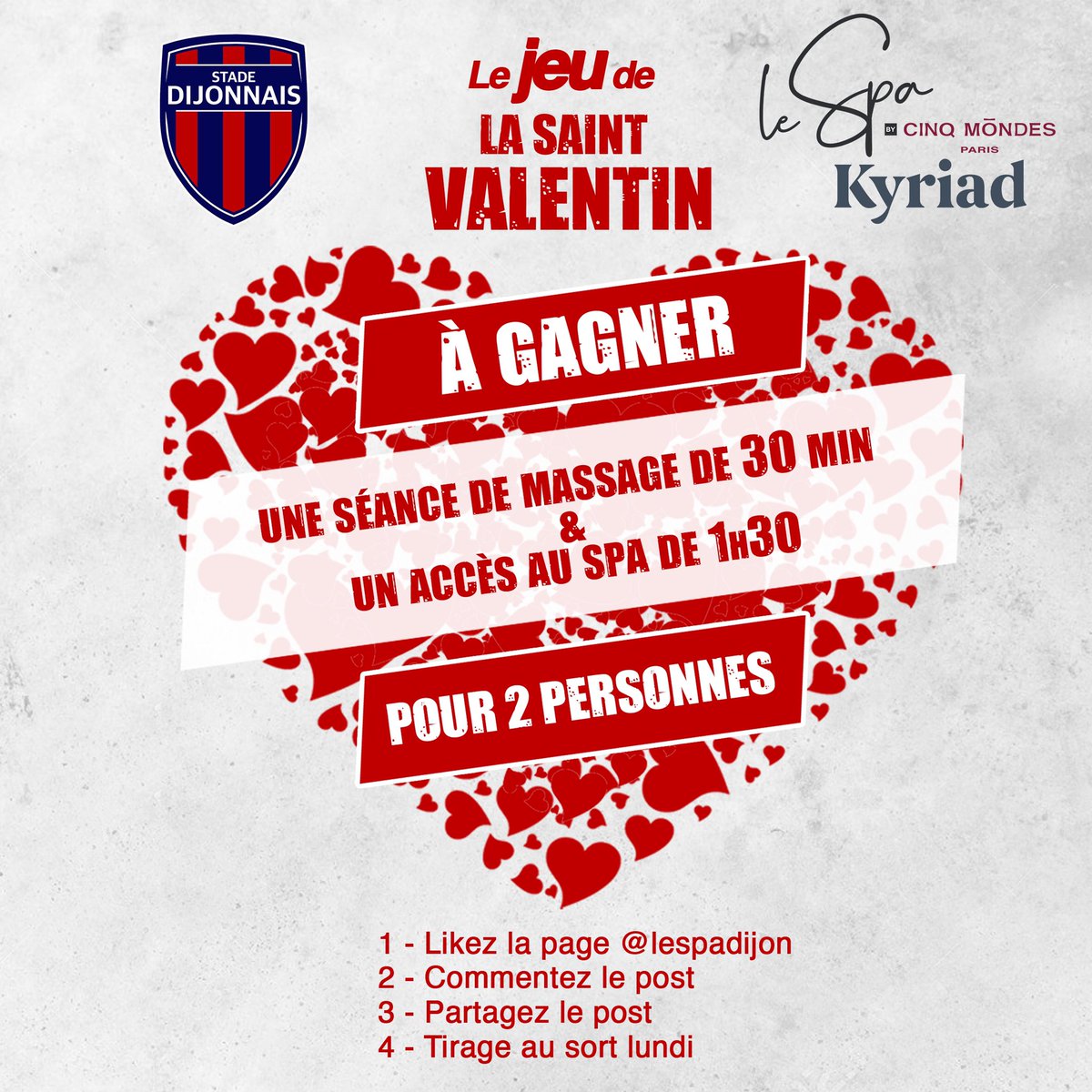 stadedijonrugby's tweet photo. 🔴🔵 JEU 🎁 #SAINTVALENTIN 💘

Le @stadedijonrugby en partenariat avec l’Hotel #KyriadDijonGare et son superbe #Spa vous font gagner un moment détente d’exception!
🔸Un massage de 30 min et un accès au spa pour 2 personnes 😍

🔁Retweet pour participer 🌹

#stadedijonnais #dijon https://t.co/dCURHTwuiU