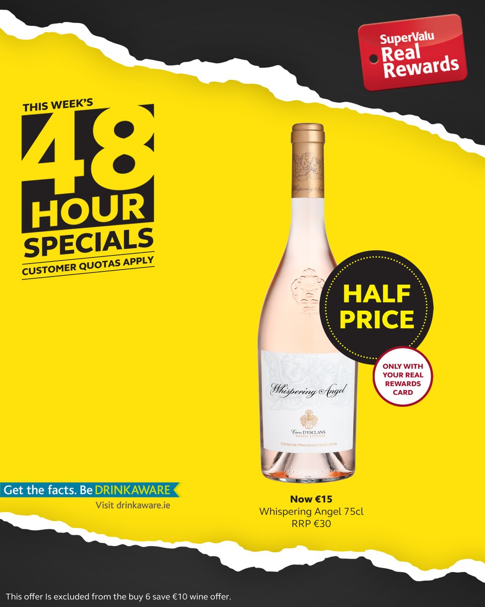 💕48 HOUR SPECIAL💕 The rumours are true! 🙌 Whispering Angel 75cl Now €15. You better be quick. When they’re gone, they’re gone! Over 18s only. Always drink responsibly. Offer available Thurs 13th &amp; Fri 14th Feb only. While stocks last. Customer Quotas apply.