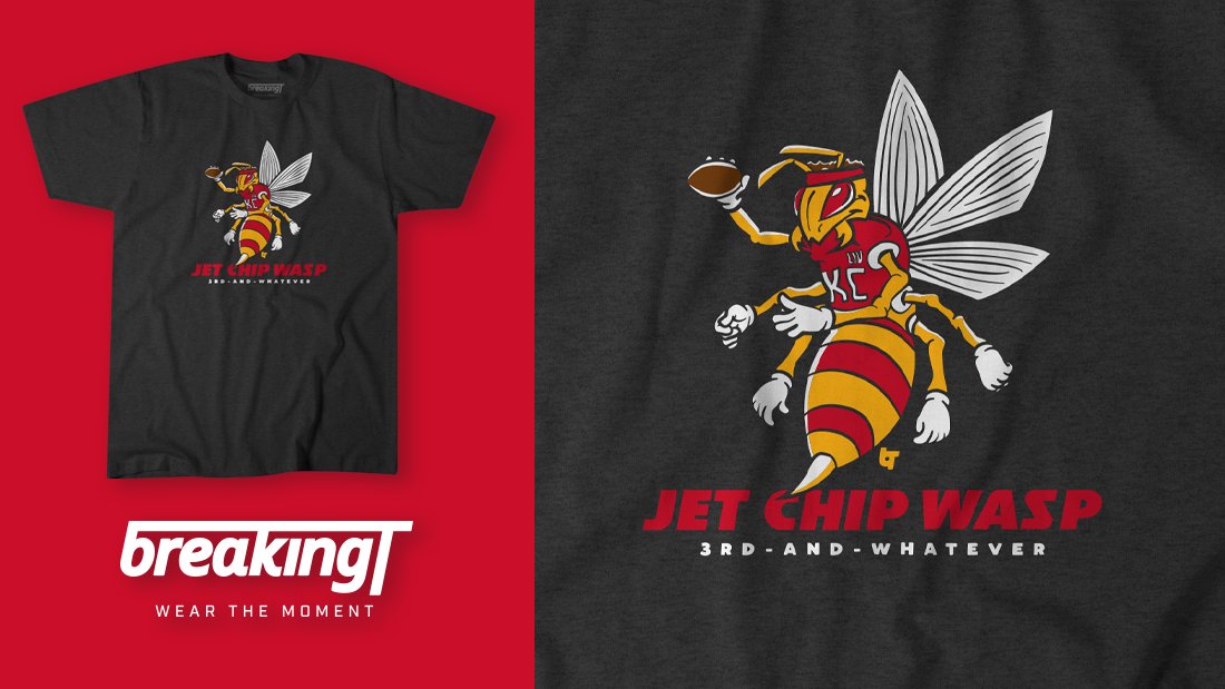 BreakingT's tweet photo. 🚨 NEW 🏈 SHIRT 🏆 ALERT! 🚨

When KC needed a big play, the leader of the swarm knew exactly what play to call. #JetChipWasp

🛒 — https://t.co/Y3bcgdMssu • #WearTheMoment https://t.co/JkSJhCfMvG