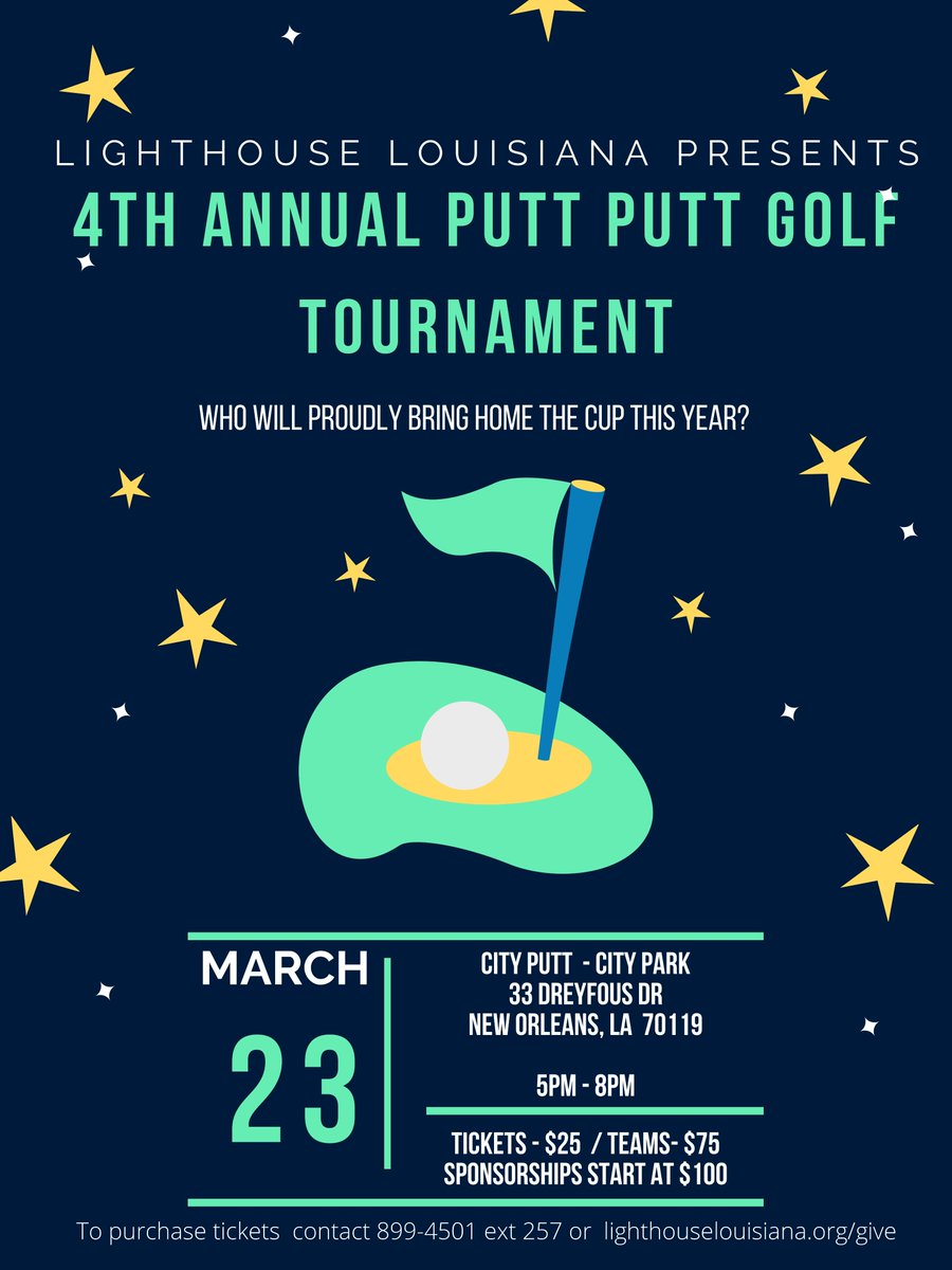 lighthouse_nola's tweet photo. Join us on March 23rd for our 4th Annual Putt Putt Tournament to celebrate and support our work in the community! Lucky ticket holders will receive prize giveaways! Purchase tickets or sponsorships at https://t.co/Fb4eZjkEMc or contact Michelle Hebert at 504-899-4501. #NOLA https://t.co/ldQ1BE8XY3