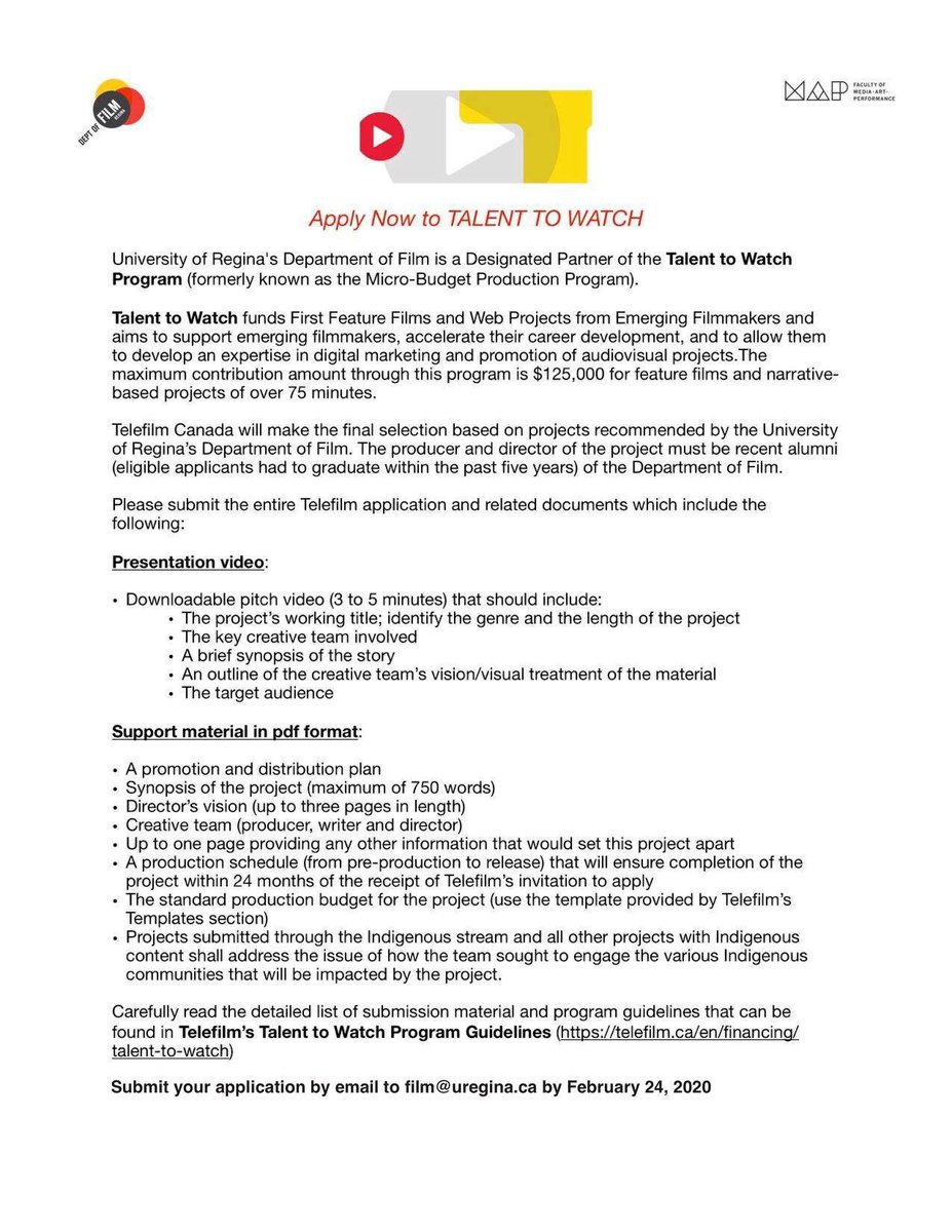 FILM U of Regina (@ureginafilm) on Twitter photo Once again, we’re a <a href="/Telefilm_Canada/">Telefilm Canada</a> Partner on the Talent To Watch Program. Alumni from the past 5 years are eligibile to submit their complete proposals to us by February 24. Once again, we’re a <a href="/Telefilm_Canada/">Telefilm Canada</a> Partner on the Talent To Watch Program. Alumni from the past 5 years are eligibile to submit their complete proposals to us by February 24.