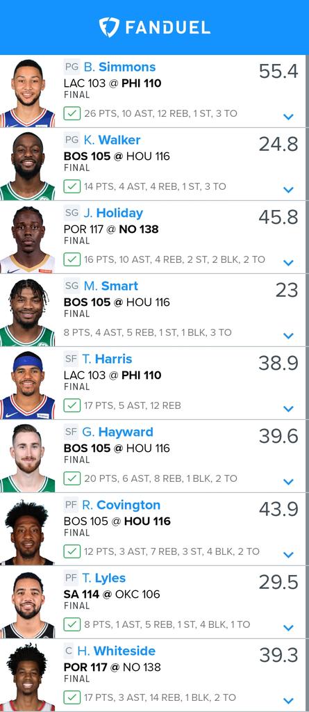 DFSFREEHAT's tweet photo. Check out this NBA lineup on FanDuel. Can you build a better team? Prove it at https://t.co/6v98YpsJeQ https://t.co/nxL9xnUOeR