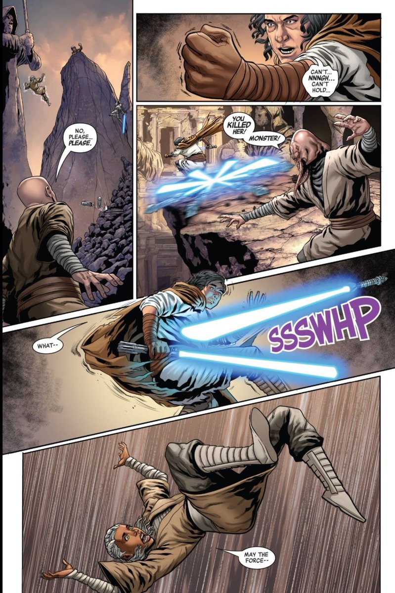 Hennix then decided this was a good moment to throw his lightsaber at Ben, which Ben had to push away to save himself from being killed. Hennix is apparently useless and couldn’t stop it or catch his own lightsaber.