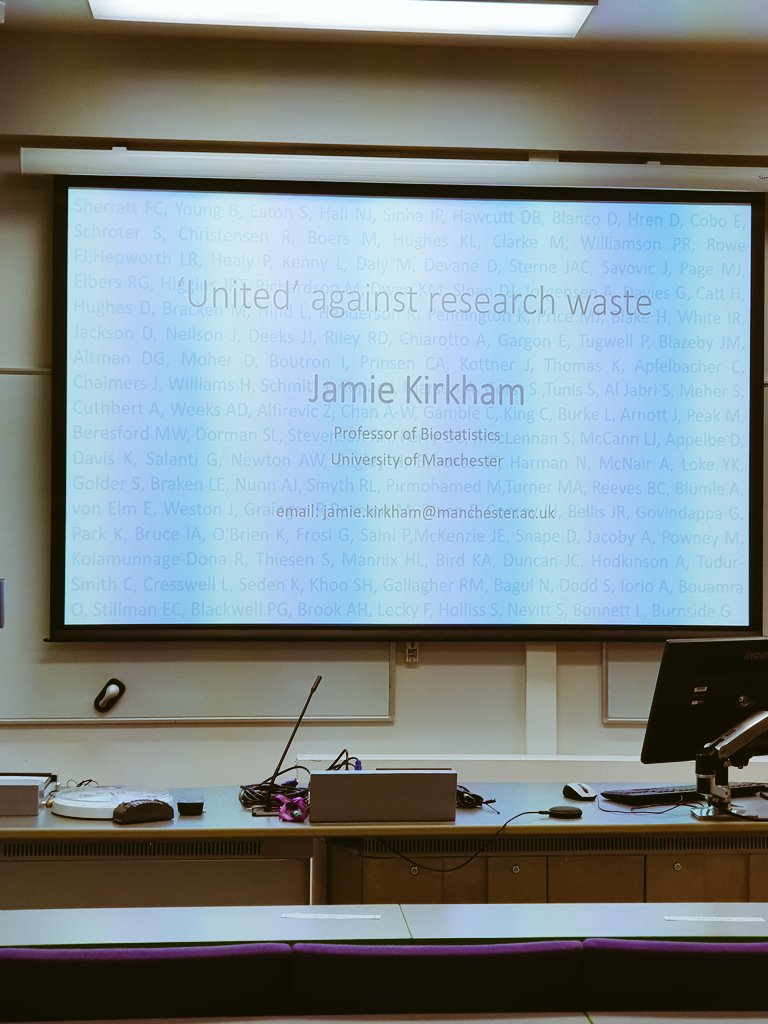 sjn_16's tweet image. Lovely afternoon in Manchester catching up with lots of familiar faces for the Inaugural Lecture of Jamie Kirkham, new prof @BiostatsUoMan 

Nice touch acknowledging colleagues past &amp;amp; present on his title slide and using football to demonstrate #selectivereporting and #spin