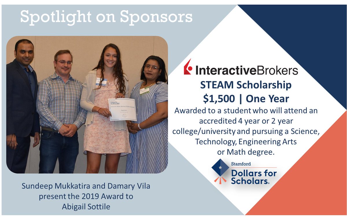 StamfordDollars's tweet photo. Thank you @IBKR  for returning as a 2020 #scholarship sponsor. Learn more at https://t.co/aVU2zjCUJd https://t.co/7rKZeX2Pg3