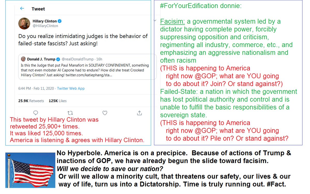 @WhiteHouse #TheDangerIsReal
@POTUS #TheDangerIsNow
@TheJusticeDept you are part of the danger.
@Cabinet #Complicit in crimes of @realDonaldTrump 
#AmericaIsInDanger.
#4In10Voters = #TrumpCult.
Will we stand up?
@HillaryClinton is telling us #Yes.
@DNC @VoteRiders @votevets