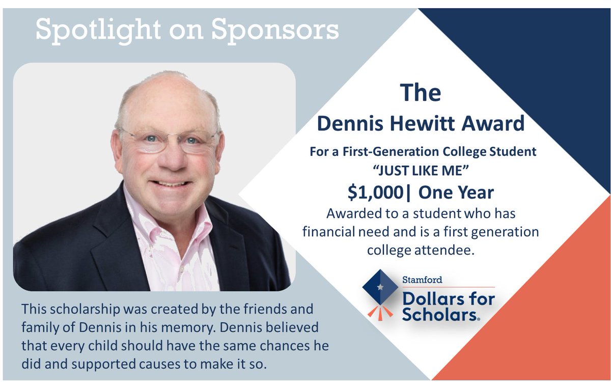 StamfordDollars's tweet photo. e thank the family and friends of Dennis Hewitt for creating a 2020 #scholarship in his honor. Dennis supported our cause for many years. Learn more at https://t.co/aVU2zjCUJd. @Omnicom  @TDAmelio https://t.co/1S4iLcow2r