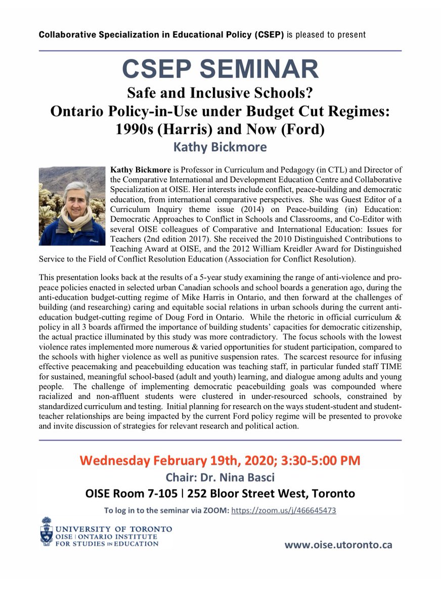cidecoise's tweet image. Next Wednesday, February 19th, CIDEC will host an Education Policy seminar. This topic is affecting us all.

“Safe and Inclusive Schools? Ontario Policy-in-Use under Budget Cut Regimes:1990’s (Harris) and Now (Ford)”