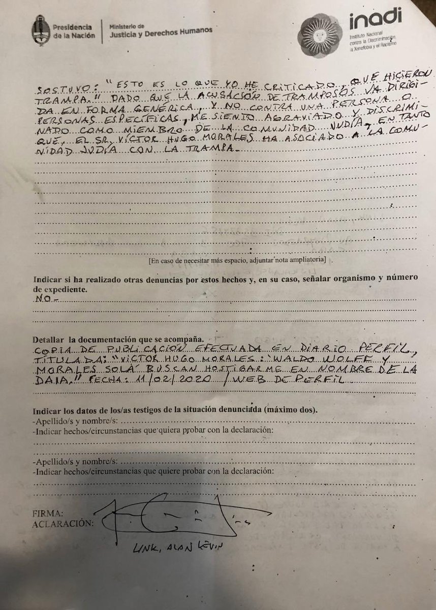 alanlinkauf's tweet photo. Hace instantes denuncié junto al equipo legal de @mejorar_arg a @VHMok en el @inadi por sus dichos antisemitas donde nos trata de “tramposos” a la comunidad judía refiriéndose al entierro del fiscal Nisman. https://t.co/DUJx6up8rZ