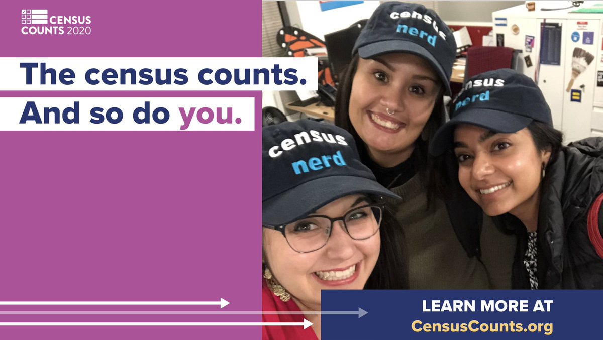 Graphic reads "The census counts. And so do you." There is also a box directing people to learn more at censuscounts.org. On the right side of the graphic is an image of three women wearing hats that say "census nerd."