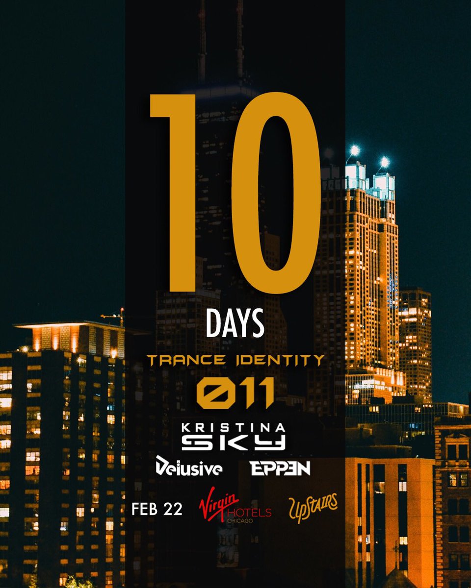 TranceIDChi's tweet photo. ❗️10 days away to Trance Identity 011 with @KristinaSky @DelusiveChicago &amp; @andreweppen5 ❗️

We are just about to sell out. Don’t miss it: https://t.co/bznaXXmEAZ https://t.co/fQbp5kfu9F