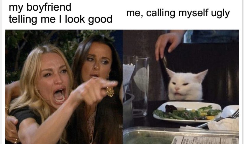 emily_secrest's tweet photo. I created this meme to demonstrate Cooley’s looking-glass self theory. It shows how I view myself versus how others do. #Soca1017D4 #TheSelf https://t.co/gKpkDMcRnn