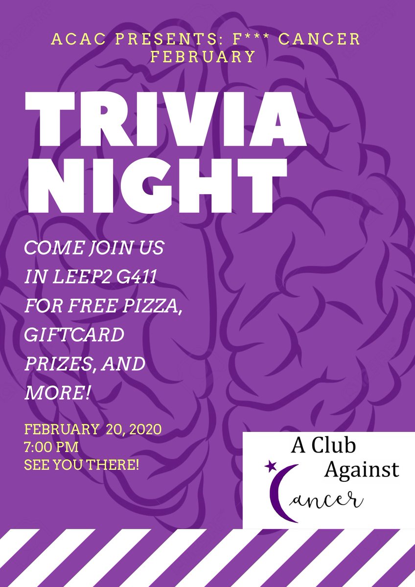 Mark your calendars!!📌 It's time to show off your knowledge at Relay4Life's first Trivia Night on Thursday February 20th at 7 pm. There will be many prizes to give out so come out and get you some 🎁.