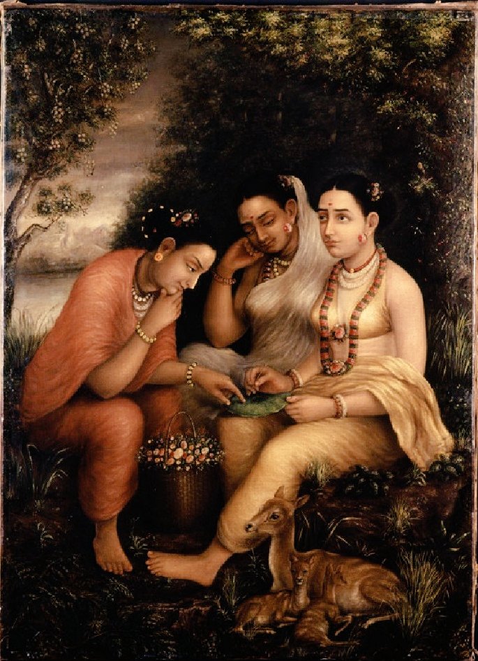 34. Shakuntala [with her friends Anasuya & Priyamwada] write a love letter on a lotus leaf, Raja Ravi Varma, at the Ashmolean