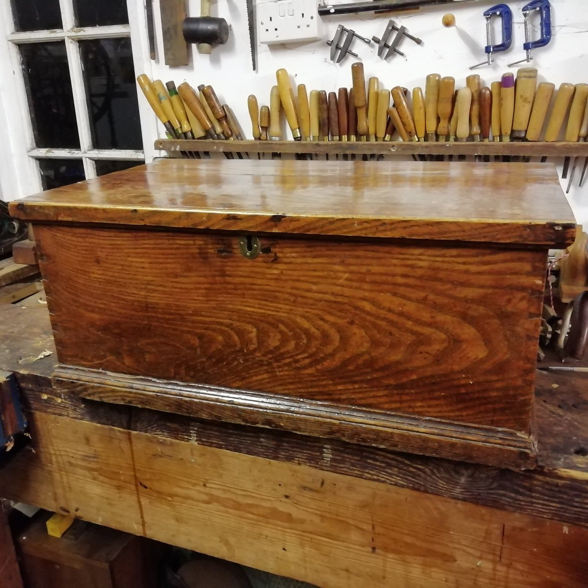 This beautiful 19th century elm boarded chest with through dovetail construction is for sale at Keer Antiques. #countryfurniture #elmboardedchest #suffolkantiquesforsale #antiqueinteriors