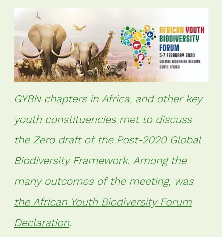 gybnweb.wixsite.com/south-africa

We are delighted to share with you the link to the declaration of the African Youth Biodiversity Forum. #BiodiversityNeedsYouth #AYBF2020 #Youth4post2020 
@GYBN_CBD @UNBiodiversity @UNESCO_MAB