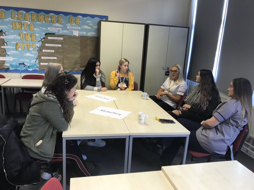 HascSjr's tweet photo. How lovely to see our former students today! Olivia, Charlotte, Georgia and Holly came to speak to our current students about university life. They talked about life as a student Midwife, Children’s Nurse and Paramedic! #feelingproud https://t.co/8OJLi1YZd0