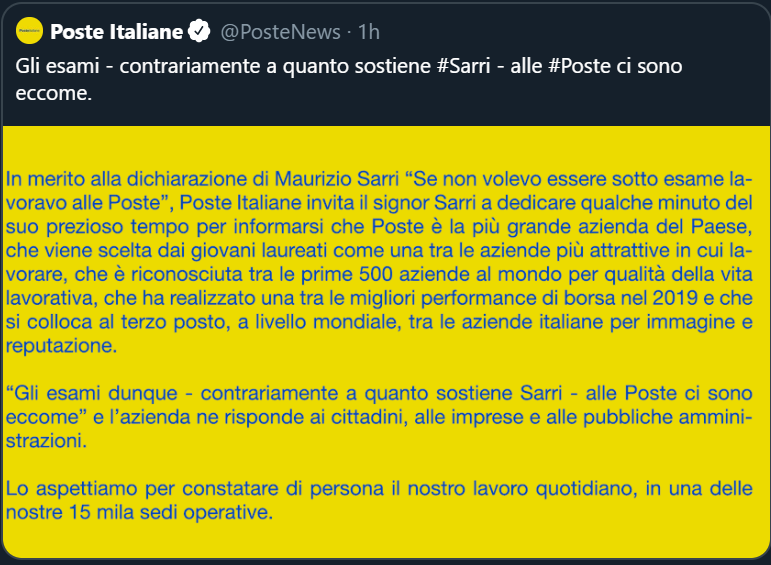 luigidea's tweet photo. "La più grande azienda del Paese, tra le prime 500 al mondo", che sbaglia tempi, modi e contenuti più basilari della propria comunicazione. Tutto meraviglioso. 🤦‍♂️
#Sarri #Poste https://t.co/2ld4P9DEWO