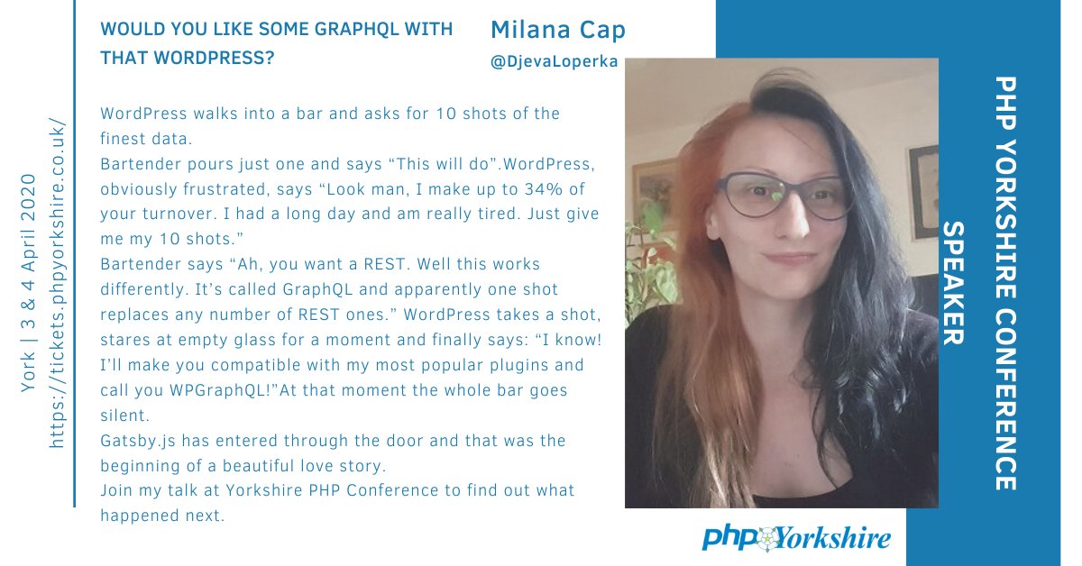 PHPYorkshire's tweet photo. Looking forward to hearing from Milana Cap @DjevaLoperka at the 4th Annual PHP Conference in York on 3 & 4 April.
Have you booked your ticket yet?
See you there: https://t.co/KIStYTSGvm
#php #phpdeveloper #phpyorkshire https://t.co/BYOSnx6BVi