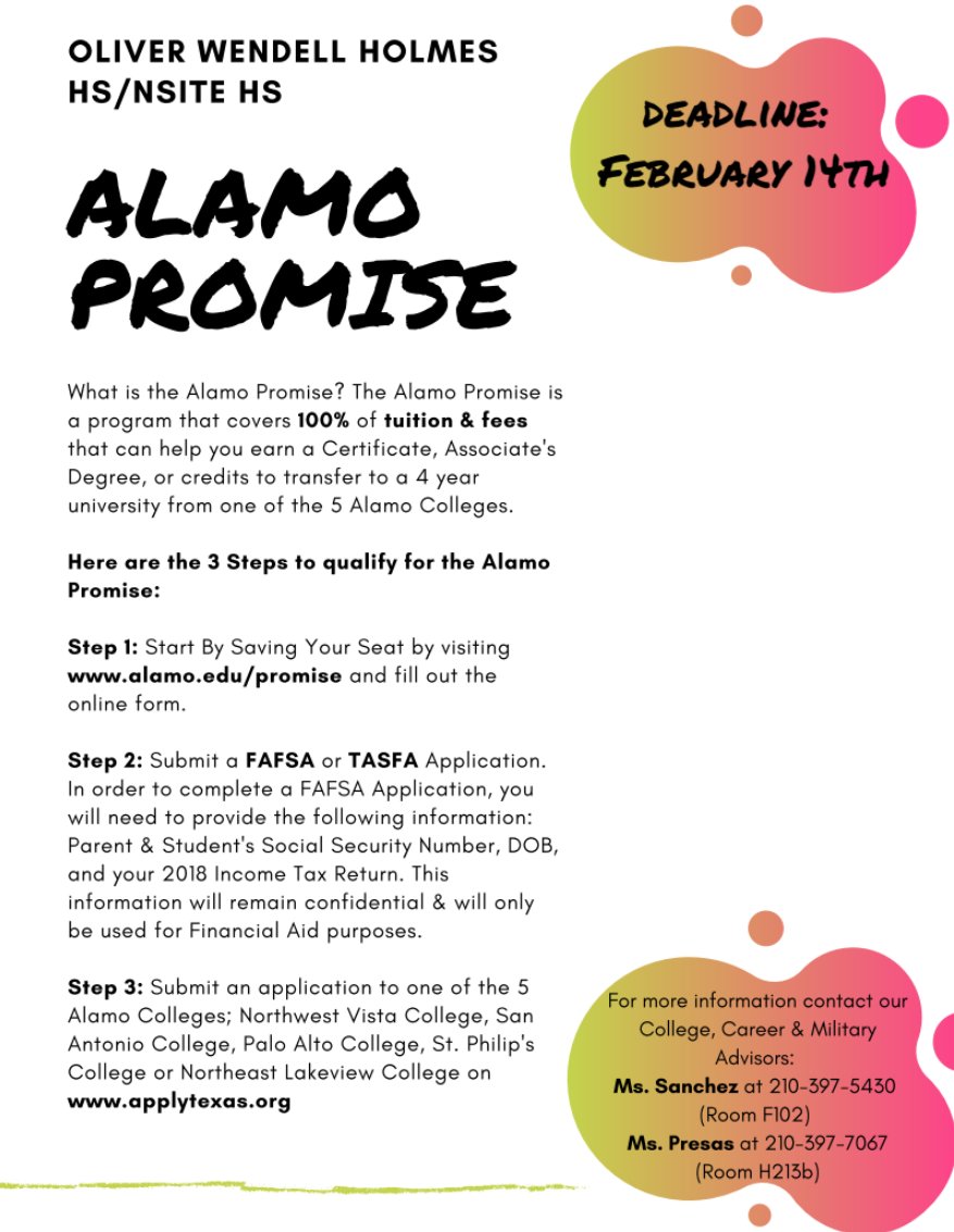 Deadline for Alamo Promise is THIS FRIDAY, Feb. 14! Seniors shouldn't miss this opportunity to have 100% of their tuition and fees at any of the 5 Alamo Colleges! Details: