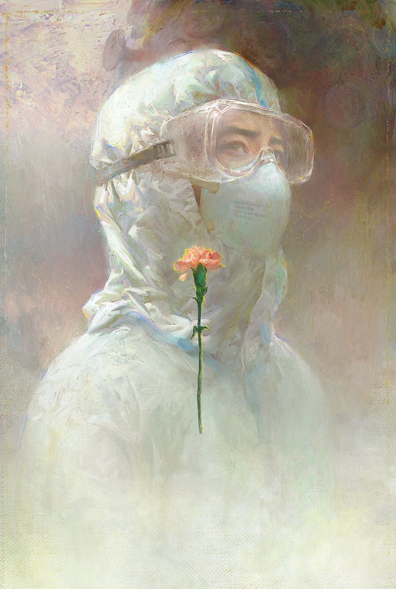 YTNXNEYDYSX's tweet photo. #2019nCov #China #CGart A drawing by a popular Chinese CG artist.  It expressed the Chinese people's high respect for medical workers.  The carnation of pink carnations in China is healing, touching and loving you.  The Chinese words mean: To the warrior. https://t.co/xl6eFgK0na