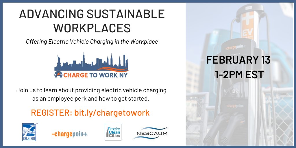 Just 23 hours to go until our webinar on #workplacecharging. Don't miss @Etsy, @ChargePointnet, @PlugInstations,  & @calstart discuss the what, why, and how of workplace charging tomorrow 1-2 pm EST. Register at bit.ly/chargetowork cc: @NYSERDA @EMPIRECLEAN @NESCAUM