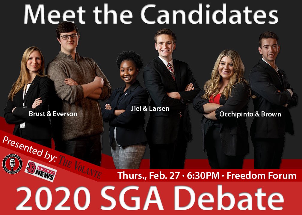 Get to know the SGA candidates running for president and vice president at this year’s SGA debate

We’ll be taking audience questions as well as submitted questions to us, <a href="/TheVolante/">The Volante</a> on twitter. 

Hosted with <a href="/CoyoteRadio911/">KAOR 91.1 FM</a> &amp; <a href="/USDCoyoteNews/">Coyote News</a>