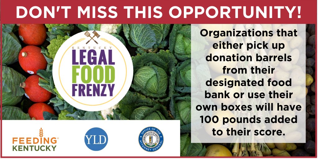 KyFoodFrenzy's tweet photo. Don't miss this opportunity! Organizations that either pick up donation barrels from their designated food bank or use their own boxes will have 100 pounds added to their score. #Kylff #FeedtheFrenzy #EndHunger @KBAYLD @kyoag https://t.co/ul44Fqmjpj