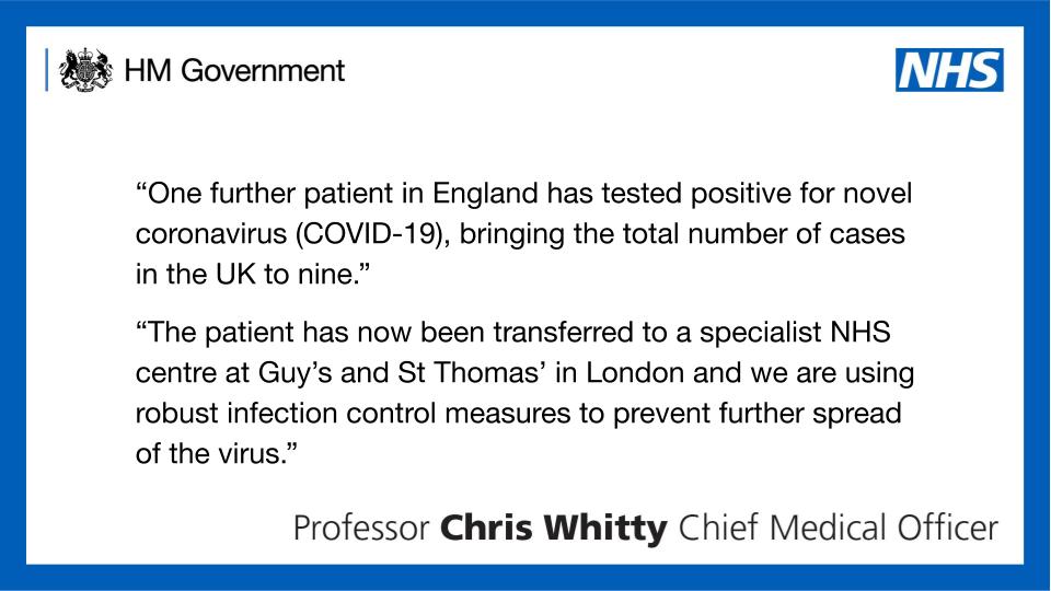 Department Of Health And Social Care On Twitter Update On Coronavirus A Further Patient In England Has Tested Positive For Novel Coronavirus Covid 19 Bringing The Total Number Of Cases In The Uk