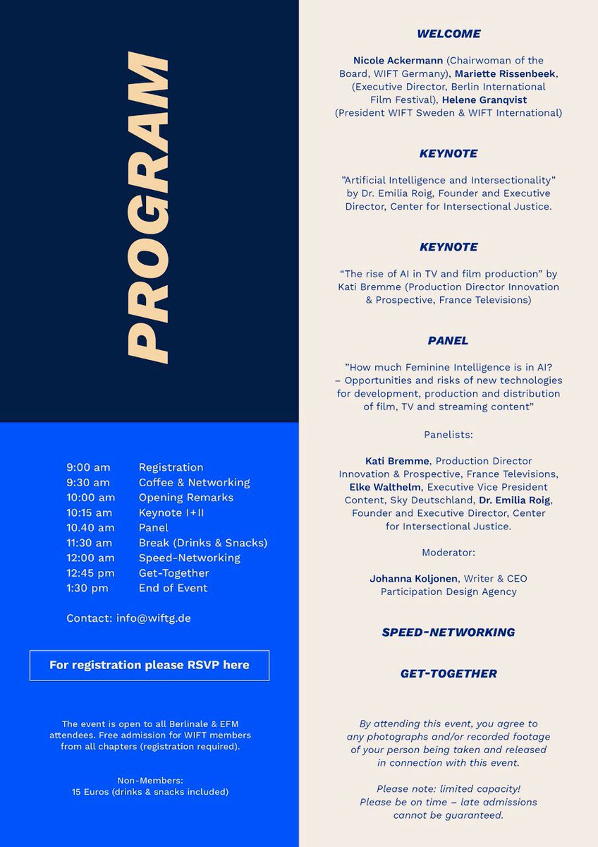 You’re cordially invited Feb 22 to our annual <a href="/WIFT_Germany/">WIFT Germany</a> event w #wiftnordic #wiftinternational <a href="/berlinale/">Berlinale</a> discussing #HowMuchFeminineIntelligenceIsInAI 
Festival Executive Director #MarietteRissenbeek opening the event!
Register here: eventbrite.de/e/wift-germany…
#womeninfilm #AI
