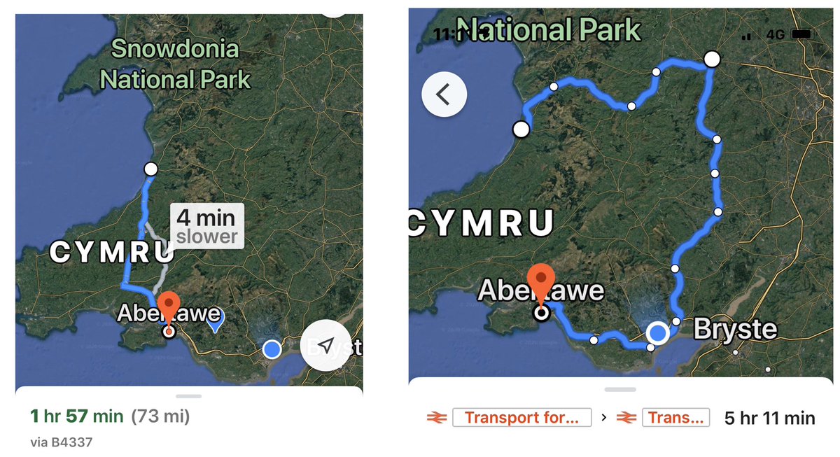 One is a journey from Swansea to Aberystwyth by car, the other is by train...... Unite and level that you blonde orangutan......