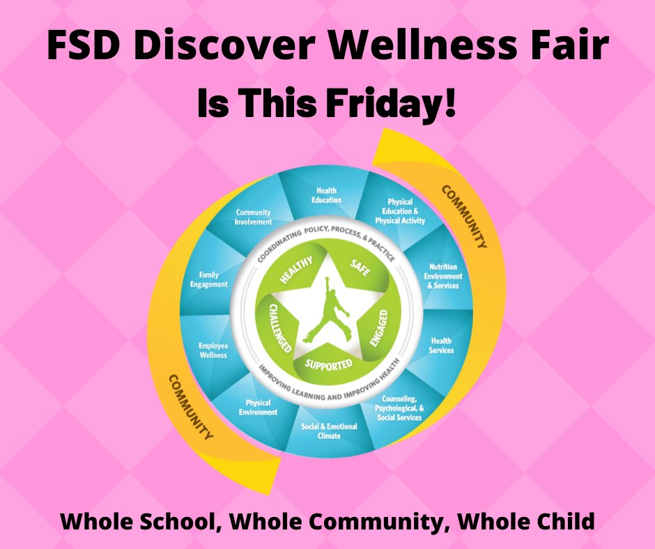 Staff members will be attending the FSD Discover Wellness Fair This Friday.  All sessions are linked to the WSCC model. Check out the ten components of the CDC's WSCC model here: cdc.gov/healthyschools… #TheKnightWay #WSCC #WSWCWC #MOSHAPE #FitFarmingtonMO