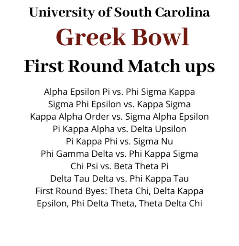 First round matchups for our annual Greek Bowl!