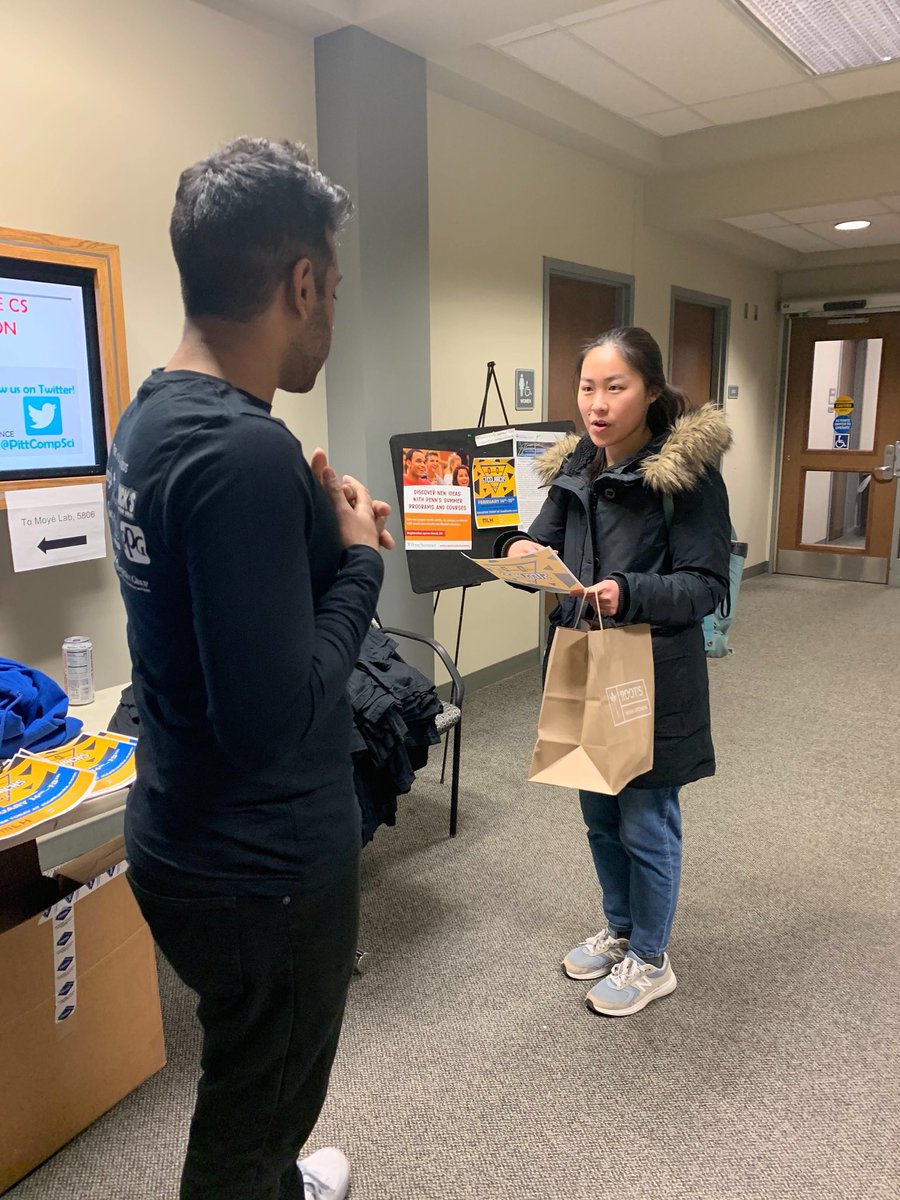 PittSteelHacks's tweet photo. Currently tabeling on 5th floor of sennot, come for free pizza, retro SteelHacks gear and more! #hackathon @PittCompSci @SciPitt @PittCSC https://t.co/viq59J71S8