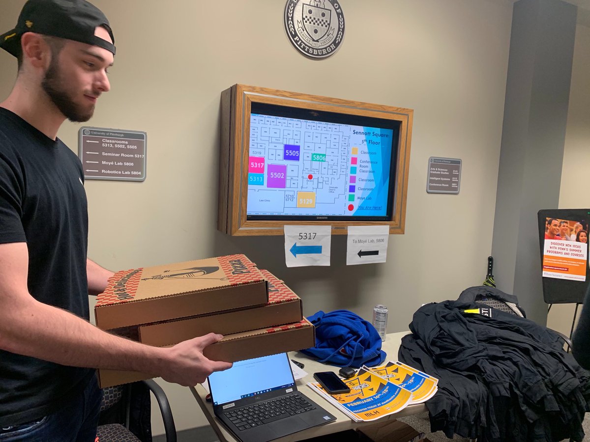 PittSteelHacks's tweet photo. Currently tabeling on 5th floor of sennot, come for free pizza, retro SteelHacks gear and more! #hackathon @PittCompSci @SciPitt @PittCSC https://t.co/viq59J71S8