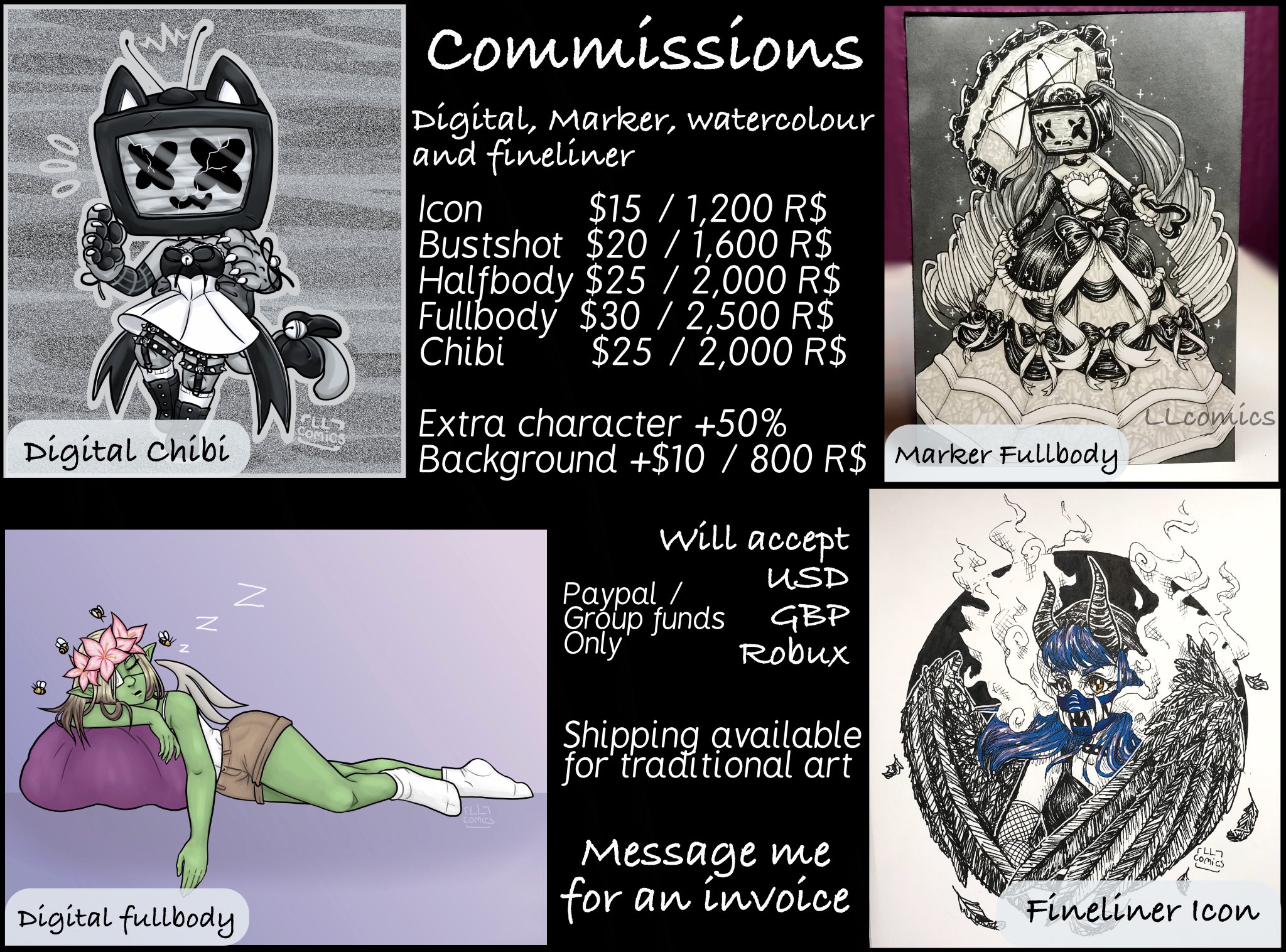Llcomics Wearetherhtc On Twitter Commission Prices More Art Examples Will Be Posted In The Thread As Well As Some Rules Roblox Royalehigh - how much money have you spent on robux roblox amino