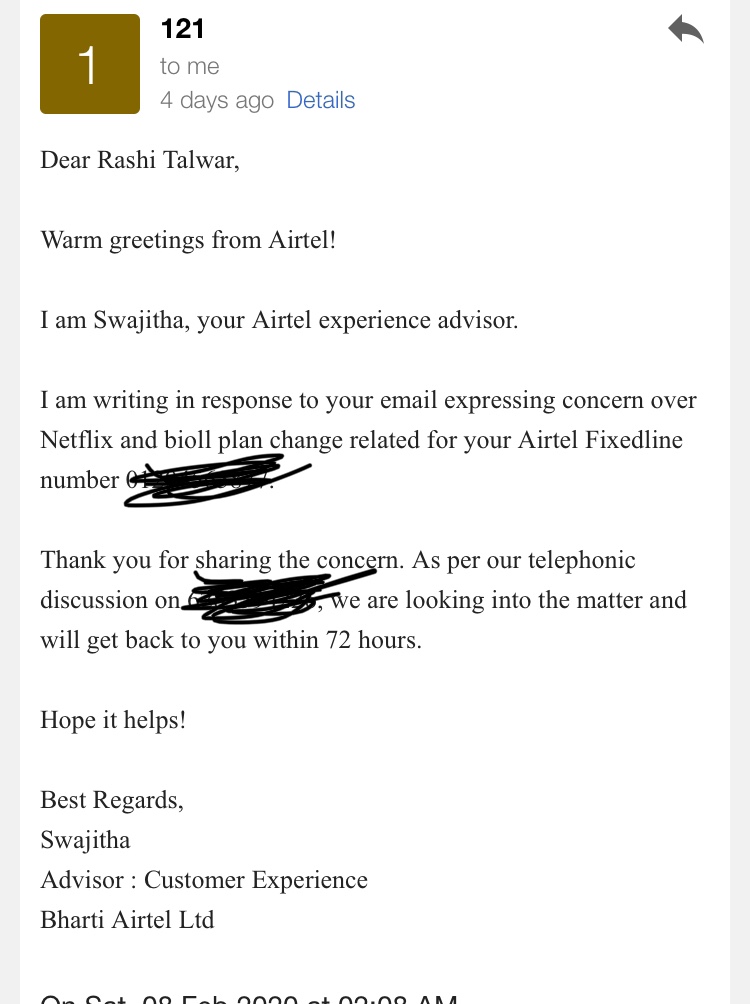 Rashi Talwar Pa Twitter I Sent A Mail To Airtel To Call Me Regarding This As Per Telephonic Conversation They Said No Request We Have Received For Lowering The Internet Plan Https T Co 7uvgypdgg1