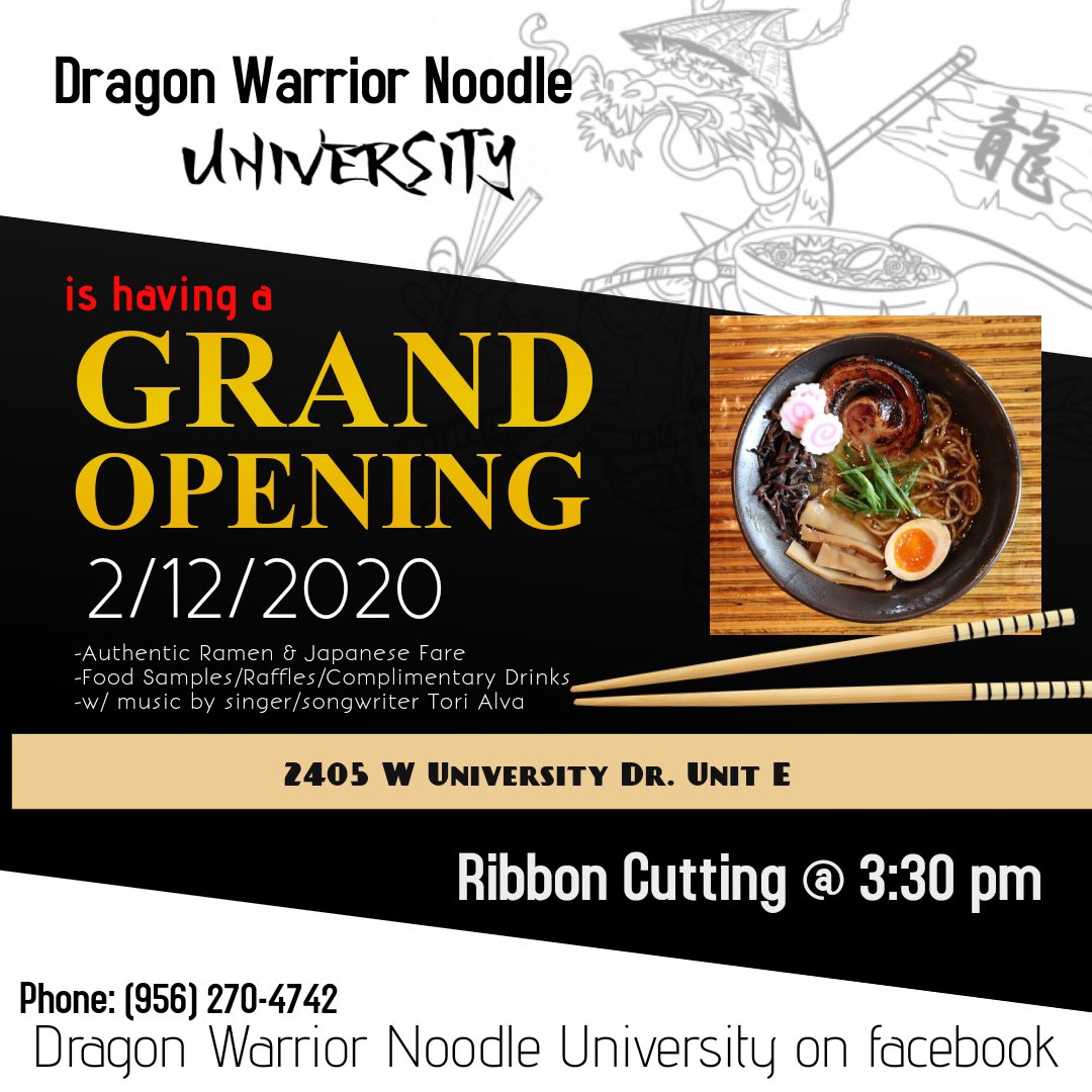 Today is the day for our celebration of our new location in Edinburg!! Come celebrate with us!! #ramen #dragonwarriornoodle #noodles #grandopening #Edinburg