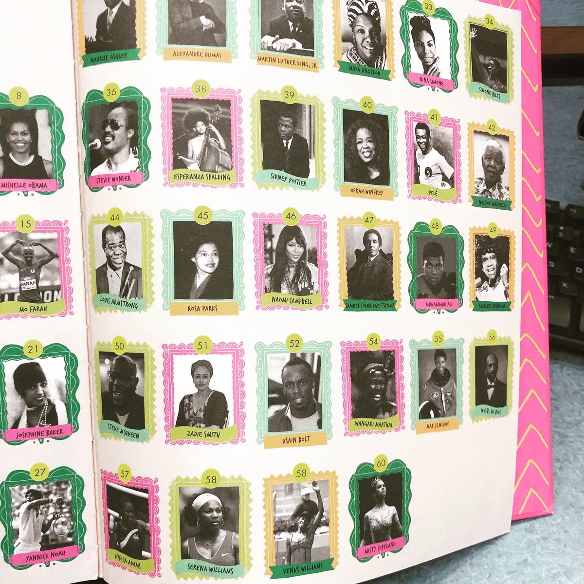 LizLovesLibrary's tweet photo. This book by @jamiaw has been so hot at our library 🔥🔥 There are so many great bios here- some new faces and some familiar faces (check out slides 2 and 3). The illustrations by Andrea Pippins are bold, bright, and fun. Check it out while it’s still here! https://t.co/VUNt2rSk6w
