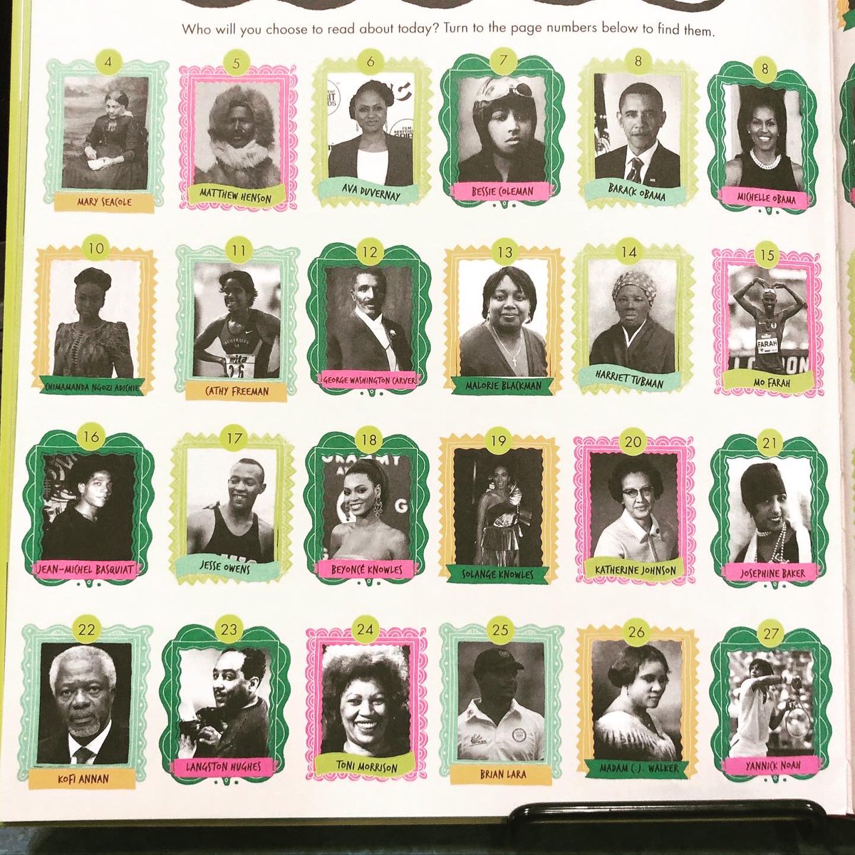 LizLovesLibrary's tweet photo. This book by @jamiaw has been so hot at our library 🔥🔥 There are so many great bios here- some new faces and some familiar faces (check out slides 2 and 3). The illustrations by Andrea Pippins are bold, bright, and fun. Check it out while it’s still here! https://t.co/VUNt2rSk6w