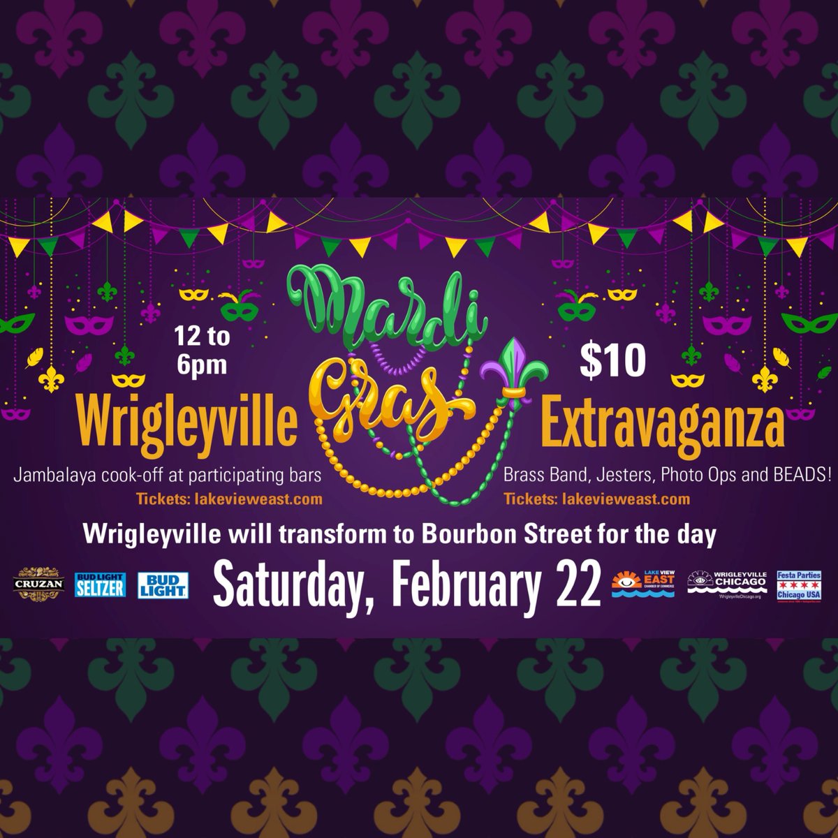 Can’t make it to #NOLA for #MardiGras? Well we’re bringing Mardi Gras to YOU! ⚜️ Get your tickets for the Wrigleyville Mardi Gras Extravaganza Pre-Party at <a href="/RBIchicago/">Rizzo's Bar & Inn</a> // <a href="/365_viii/">365-viii</a> on 2/22. 💜 Drink specials, costume contest, LIVE music, jambalaya, and so much more!💚