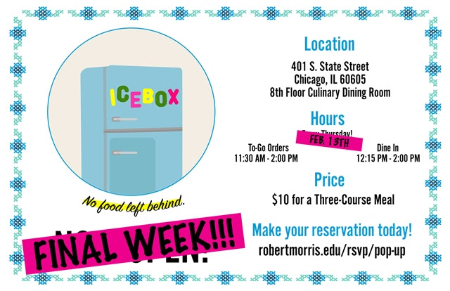 Tomorrow is your last chance to experience RMU's last pop-up restaurant! Stop by before 2pm in the 8th floor Culinary Dining room for a delicious meal cooked by RMU student chefs! 🍽️